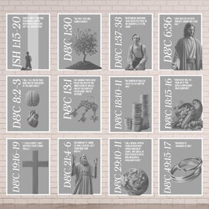 Może przedstawiać: Kolaż 12 czarno-białych obrazów z tekstem i ilustracjami. Każdy obraz zawiera inny odnośnik do Pisma Świętego z Nauki i Przymierzy, w tym wersety o sercu, kluczach, duszach, prorokach i ziemi.