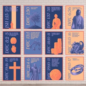 Może przedstawiać: Kolaż 12 plakatów z niebieskimi i pomarańczowymi tłami. Każdy plakat zawiera inny fragment z Księgi Mormona, wraz z ilustracją. Fragmenty obejmują D&C 1:30, D&C 1:37-38, D&C 6:36, D&C 8:2-3, D&C 13:1, D&C 18:10-11, D&C 18:15-16, D&C 19:16-19, D&C 21:4-6, D&C 29:10-11, D&C 49:15-17 i JSH 1:15-20.