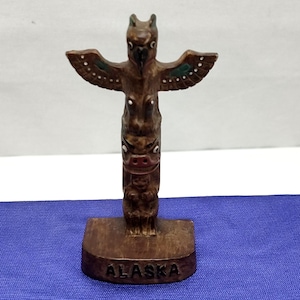 Alaska Souvenir Totem Pole Sculpture Handcrafted Intricate Details Circa 1980s