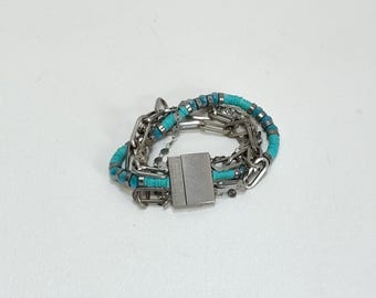 Turquoise & Silver Colored Bracelet Multi-Strand Magnetic Clasp Not Sterling