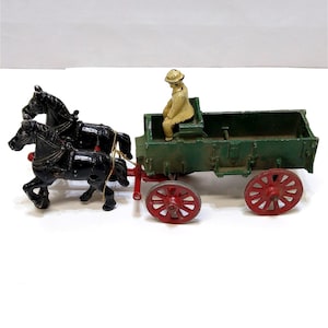 Stanley Toy Co. Horse Drawn Farm Hay Work Cast Wagon w/Driver Toy Original Paint Wagon Has Damage