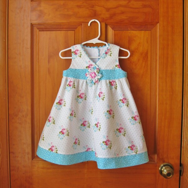 Baby girl, toddler, dress & shorts, shabby pink roses, aqua blue flowers, aqua/blue dots on white, ready to ship size 18-24Months