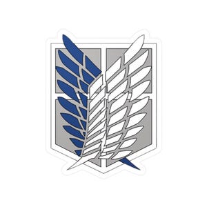 May include: A white and blue winged emblem with a gray background. The wings are stylized and have a geometric pattern. The emblem is surrounded by a white border.