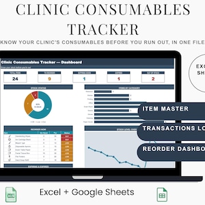 Könnte beinhalten: Ein Laptop-Bildschirm zeigt ein Clinic Consumables Tracker-Dashboard mit Datentabellen, einem Kreisdiagramm und einem Liniendiagramm. Der Text umfasst Clinic Consumables Tracker, Excel & Sheets, Item Master, Transactions Log und Reorder Dashboard.