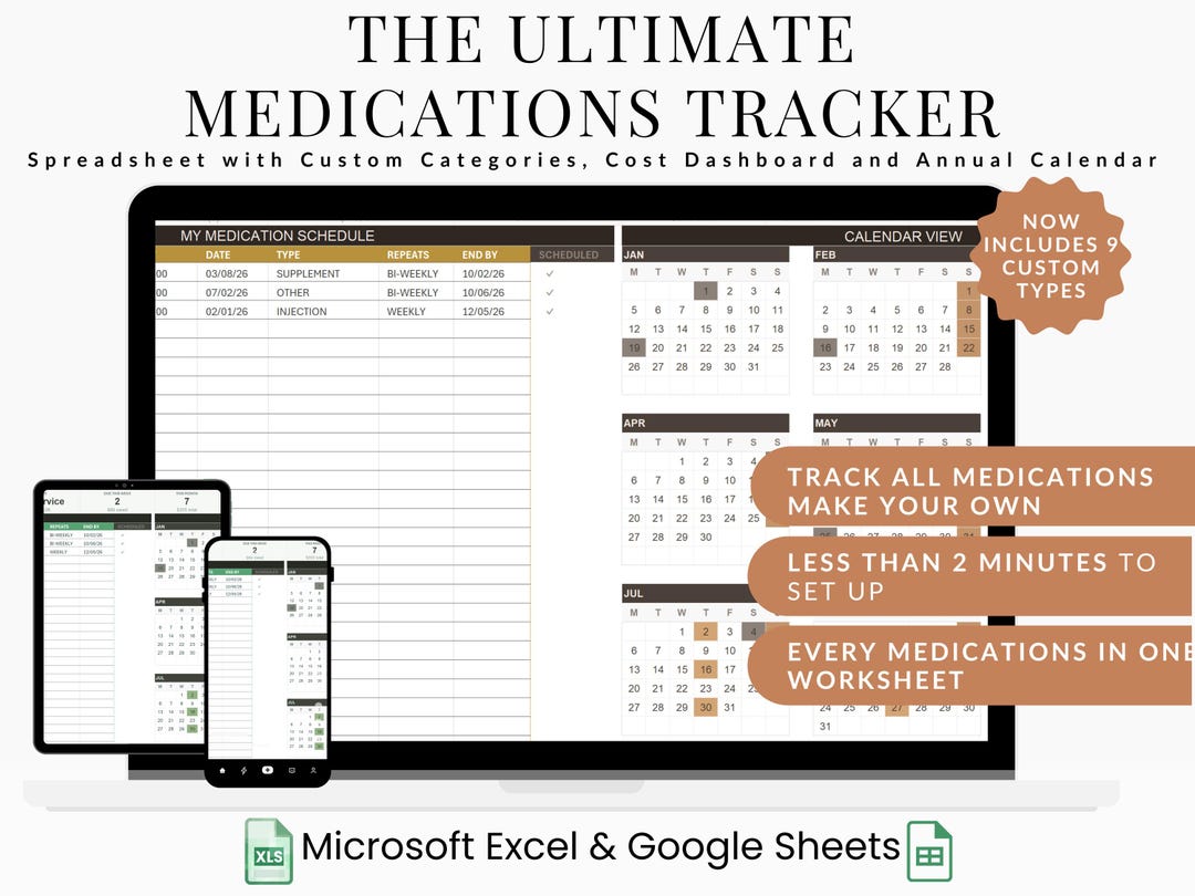 Excel Medication Medication Tracker Spreadsheet for Excel With Calendar Dashboard and ...
