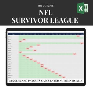 May include: A digital spreadsheet titled The Ultimate NFL Survivor League displayed on a tablet screen. The grid lists players and weeks W1 through W18, with green cells indicating active status and red cells marked OUT for eliminated participants.