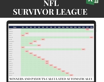 NFL Survivor Pool Spreadsheet for 50 Players, Weekly Elimination Tracker and Pick Log