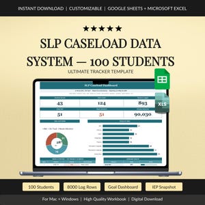 以下が含まれることがあります： ノートパソコンの画面に表示された100人の生徒用SLPケースロードデータシステムトラッカーテンプレート。ダッシュボードには、ドーナツグラフや棒グラフなどのデータ視覚化が含まれており、GoogleスプレッドシートとMicrosoft Excelのファイルアイコンが表示されています。