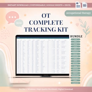 May include: A digital occupational therapy tracking kit bundle displayed on a computer screen. The interface shows a spreadsheet with columns for data entry. A vertical list of tabs includes set up, clients, referrals, caseload, goals, and reports.