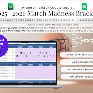 Puede incluir: Una pantalla de portátil muestra una hoja de cálculo del bracket de March Madness para 2025-2026. La imagen incluye texto como "Versión Premium Hasta 50 Jugadores" y "Jugador Multi-Año". También se ven una pelota de baloncesto y un gráfico de bracket.