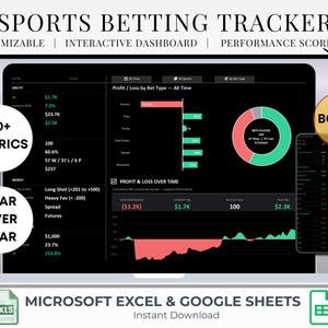 Sports Betting Spreadsheet | Trade Journal with ADHD Dark Mode Dashboard  (Excel + Google Sheets)