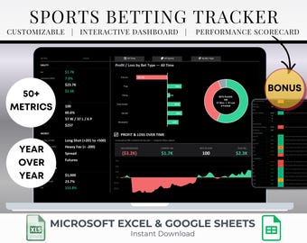 Sports Betting Spreadsheet | Trade Journal with ADHD Dark Mode Dashboard  (Excel + Google Sheets)