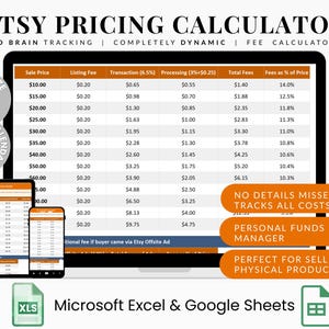 May include: An Etsy pricing calculator displayed on a laptop, tablet, and phone. The calculator shows sale price, fees, and percentages. The image includes the text "ETSY PRICING CALCULATOR" and "Microsoft Excel & Google Sheets."