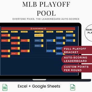 Hoja de cálculo para quinielas de los playoffs de la MLB / Clasificación con puntuación automática y cuadro de eliminatorias, Excel y Google Sheets