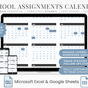 School Assignment Planner Spreadsheet, Excel Homework and Exam Tracker with Due Date Calendar