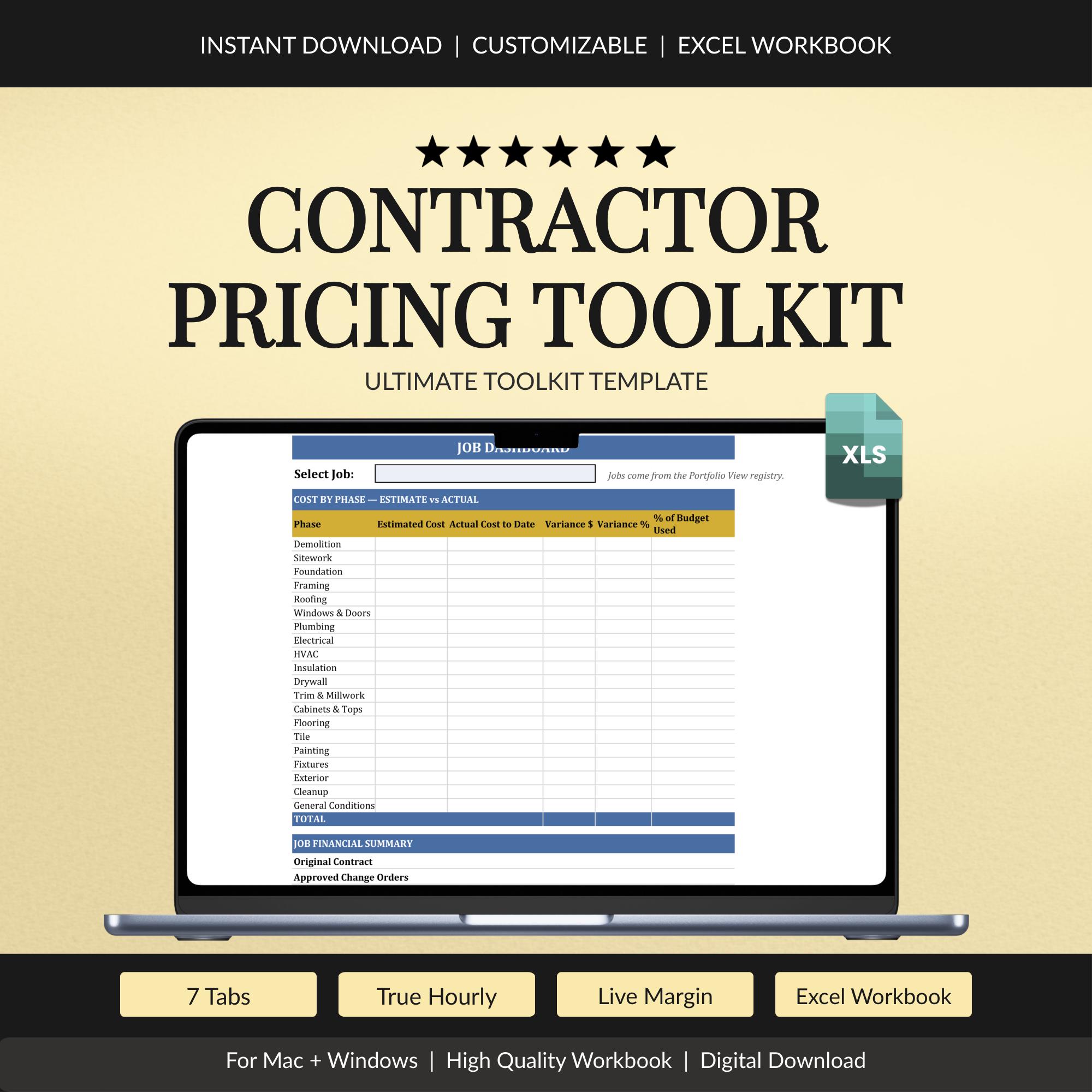 Contractor Pricing Spreadsheet | Hourly Rate, Job Costing, Estimate Builder (Excel Template)