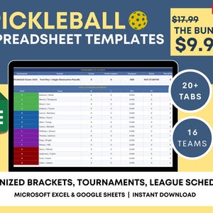 Może przedstawiać: Obraz cyfrowy promujący szablony arkuszy kalkulacyjnych do gry w pickleball. Obraz przedstawia tablet wyświetlający arkusz kalkulacyjny, zieloną ikonę programu Excel i tekst "PICKLEBALL SPREADSHEET TEMPLATES". Dodatkowy tekst to "20+ kart" i "16 zespołów".