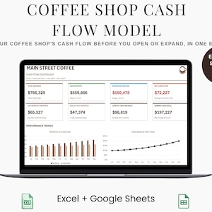 Puede incluir: Una pantalla de portátil que muestra un panel de modelo de flujo de caja para cafeterías con datos financieros, incluyendo ingresos totales, beneficio bruto y gráficos de tendencias. El texto dice Excel & Sheets, compatible con Excel y Google Sheets.