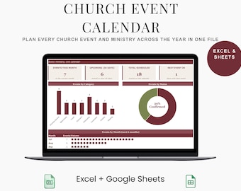 Church Event Calendar Spreadsheet | Monthly Grid, Dashboard & Category Tracker | Ministry Volunteer Coordinator
