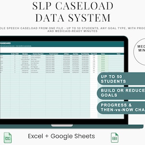 May include: A laptop screen displaying the SLP Caseload Data System dashboard, a spreadsheet for tracking up to 50 students. Text includes Medicaid-ready minutes, build or reduce goals, progress and then-vs-now charts, and Excel plus Google Sheets icons.