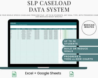 SLP Caseload Data System Spreadsheet, Speech Therapy Goal Tracker & Progress Monitoring for 50 Students