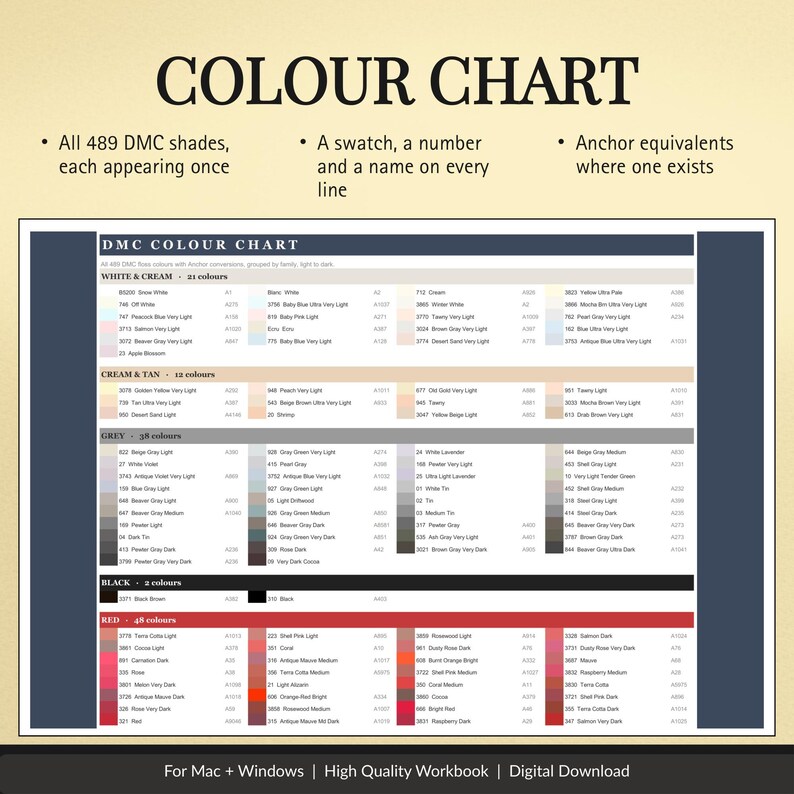 Nuancier DMC (Excel et PDF imprimable) : les 489 couleurs de fil à ...