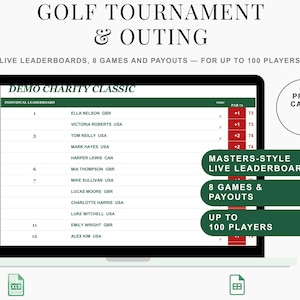 Google Sheets Golf Tournament Manager, Live Leaderboard, 8 Games (Up to 100 Players)
