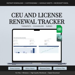 CEU Tracker Spreadsheet for Therapists, Counselors and Nurses, Continuing Education and License Renewal Log