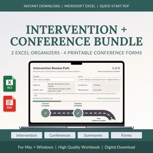 May include: A digital intervention and conference bundle featuring two Excel organizers and four printable forms. The screen displays an Intervention Review Path dashboard with student data, cycle details, and a progress timeline.