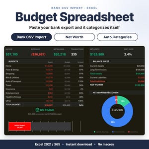Budget Spreadsheet with Bank CSV Import for Excel, Auto Categorized Expense Tracker and Net Worth Dashboard
