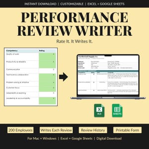 Employee Evaluation Spreadsheet, Writes the Performance Review from Ratings, Review History, Excel, Google Sheets