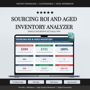 May include: A digital Sourcing ROI and Aged Inventory Analyzer Excel workbook displayed on a laptop screen. The interface shows metrics including cash tied up, profit from sold items, average ROI, sell-through rate, and average days to sell.