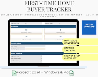 First Time Home Buyer Spreadsheet | Checklist, Budget, Mortgage Comparison & Savings Tracker (Excel, Digital Download)
