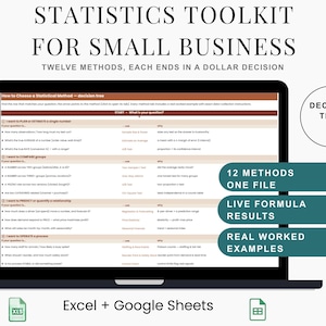 May include: A laptop screen displaying a statistics toolkit for small business, featuring a decision tree, twelve methods, live formula results, and real worked examples. The interface includes Excel and Google Sheets icons at the bottom.