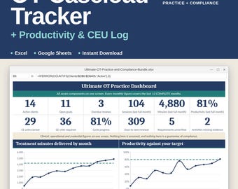 Occupational Therapy Caseload Tracker Spreadsheet, OT Productivity, Goal Progress, CEU Log, Excel Google Sheets
