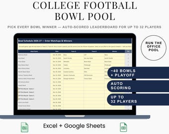 College Football Bowl Pool Spreadsheet with Auto Scoring Leaderboard and Pick Em Tiebreaker