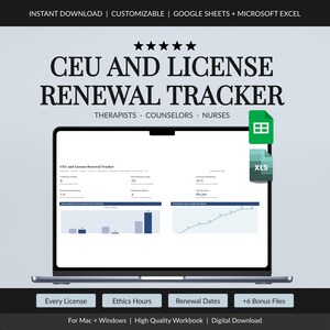 CEU Tracker Spreadsheet for Therapists, Counselors and Nurses, Continuing Education and License Renewal Log