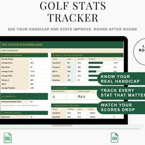 Può includere: Un tracker digitale per le statistiche di golf visualizzato su uno schermo di un portatile, con una dashboard che mostra medie di carriera, obiettivi e metriche di handicap. L'interfaccia utilizza toni verde scuro e crema con testo.