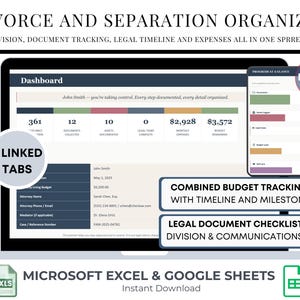 Op de afbeelding: Een digitale spreadsheet voor scheidings- en scheidingsorganisator weergegeven op een laptop en smartphone. De spreadsheet bevat informatie over activaverdeling, documenttracering en juridische tijdlijn. Tekst bevat "9 gekoppelde tabbladen".