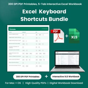 Pode incluir: Um pacote de atalhos de teclado para Excel com arquivos PDF imprimíveis de 300 DPI e uma pasta de trabalho interativa de 5 abas. Inclui uma página de fórmulas, ícones de PDF e XLS e um laptop exibindo uma interface de planilha.