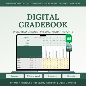 Digital Gradebook Spreadsheet for Teachers, Weighted Grades, Missing Work, Progress Reports, Google Sheets, Excel