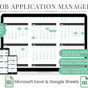 May include: A digital calendar interface displayed on a computer, tablet, and phone. The screen shows a calendar with color-coded dates and the text "Job Application Manager." Additional text includes "10+ Color Themes Built-In" and "Never Miss Another Application."