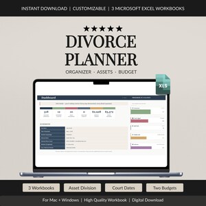 May include: A digital divorce planner displayed on a laptop screen, featuring three Microsoft Excel workbooks for organizing assets and budgets. The dashboard includes data fields, progress charts, and the text DIVORCE PLANNER ORGANIZER ASSETS BUDGET.