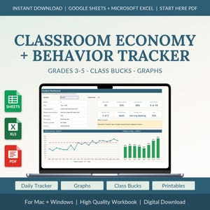 May include: A digital classroom economy and behavior tracker displayed on a laptop screen. The interface includes a student dashboard with data fields, a line graph, and bar charts. Icons for Google Sheets, Excel, and PDF are visible on the left.