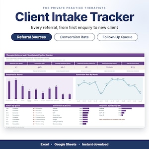 Therapist Client Intake Tracker, Referral Pipeline, Conversion Log (Excel/Google Sheets)
