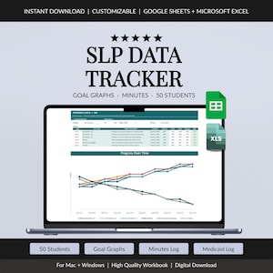 May include: A digital SLP data tracker spreadsheet displayed on a laptop screen, featuring goal graphs, a student progress table, and a minutes log. The interface includes icons for Google Sheets and Microsoft Excel, designed for tracking 50 students.