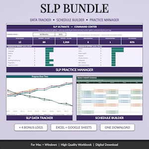 May include: A digital SLP Bundle workbook featuring a command centre, data tracker, and schedule builder. The interface displays charts, progress graphs, and therapy schedules with text labels for Mac and Windows compatibility.