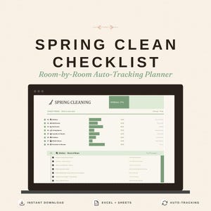 May include: A digital spring cleaning checklist on a laptop screen. The checklist shows room-by-room tasks with progress indicators. Text on the screen reads "SPRING CLEAN CHECKLIST" and "Room-by-Room Auto-Tracking Planner."