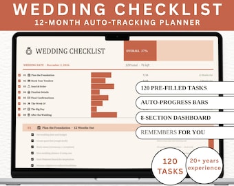 Wedding Planning Checklist Spreadsheet | 12-Month Timeline, Modern Romance Palette, Auto-Progress (Excel Digital Download)