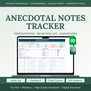 Puede incluir: Un rastreador digital de notas anecdóticas en la pantalla de una computadora portátil, que incluye un panel de observación, registro de comportamiento y resumen de estudiantes. Se ven iconos de Google Sheets y Microsoft Excel con encabezados de texto.
